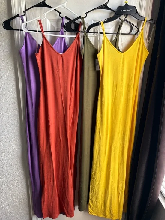 Set of 4-Women’s V-Neck Slip Dress in Yellow, Olive, Coral & Lavender - Picture 1 of 1